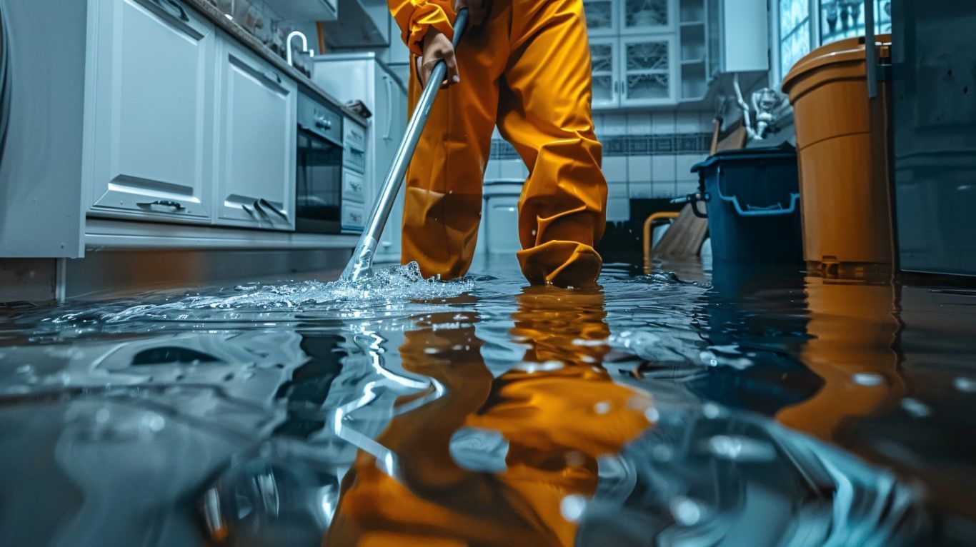 A person in an orange hazmat suit uses a squeegee to clear floodwater from a residential kitchen floor.