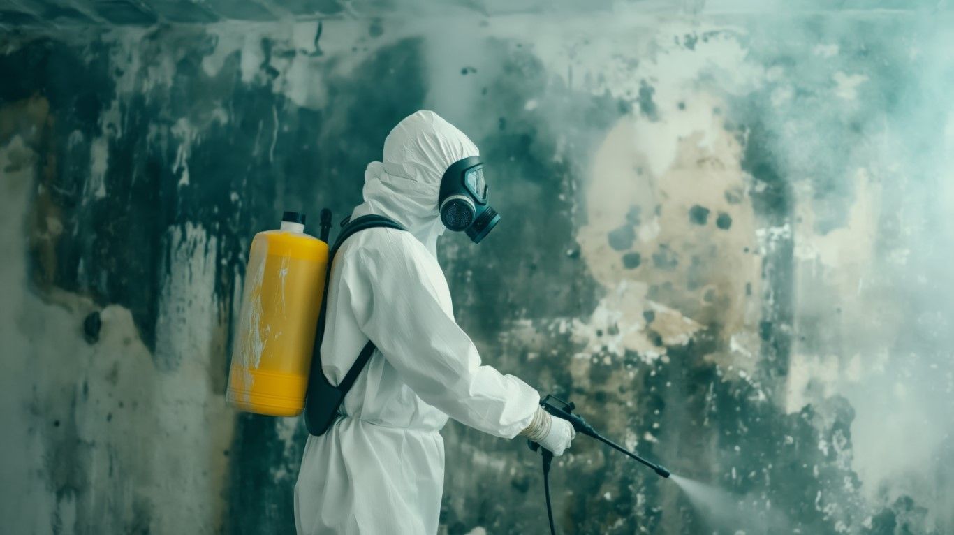A person in a white hazmat suit and gas mask uses a spray wand to treat a moldy, dark wall.