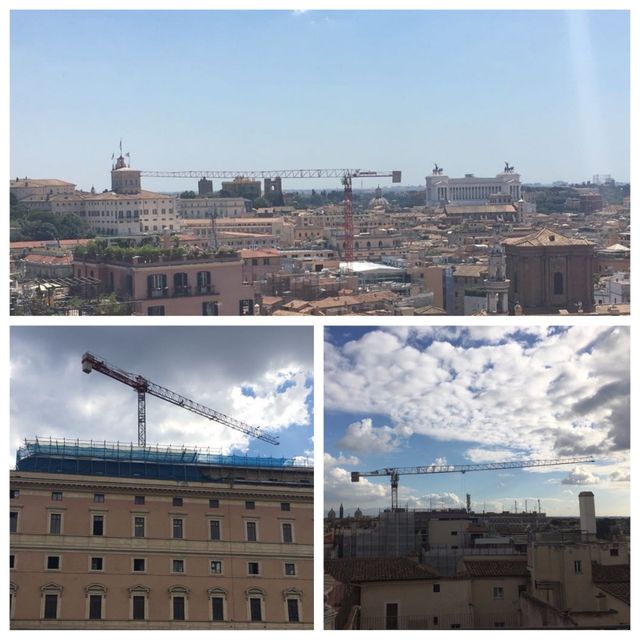 Un collage di immagini di una città con una gru al centro