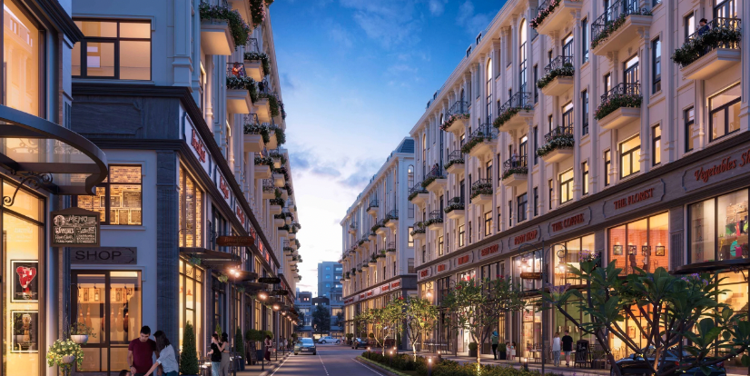 An artist 's impression of a shopping street lined with tall buildings.