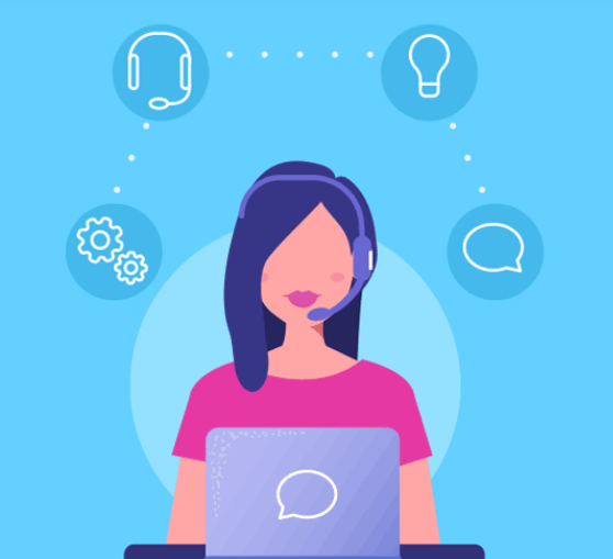 Woman wearing headset, working on laptop. Speech bubbles and lightbulb icons above.