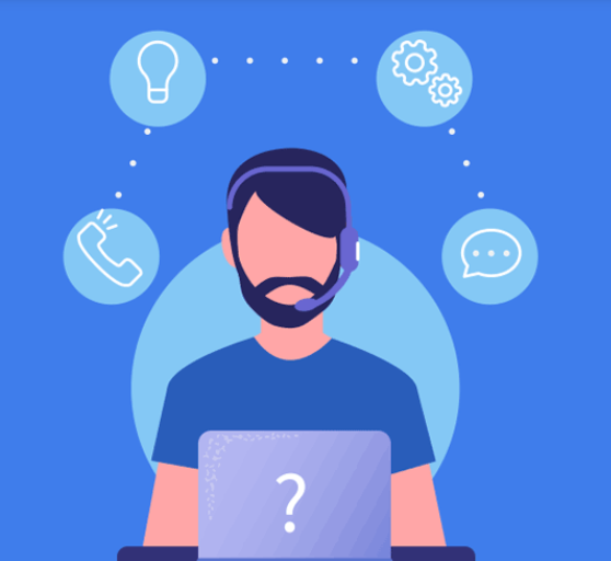 Customer service representative with headset, laptop, and icons representing solutions on blue background.