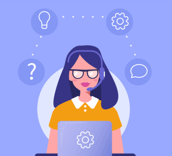 Woman with headset at laptop, surrounded by icons for support, idea, and chat.