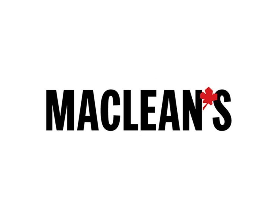 A maclean 's logo with a red maple leaf on a white background.