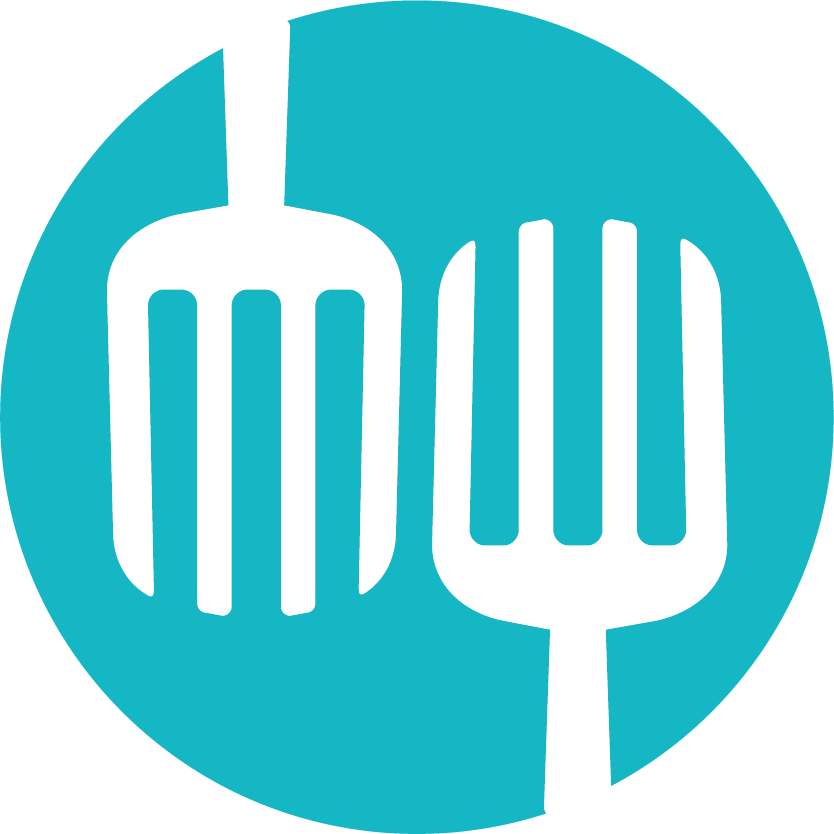 A blue circle with a fork and spoon in it