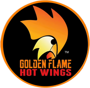 A circular logo featuring a stylized chicken-flame hybrid icon with the text