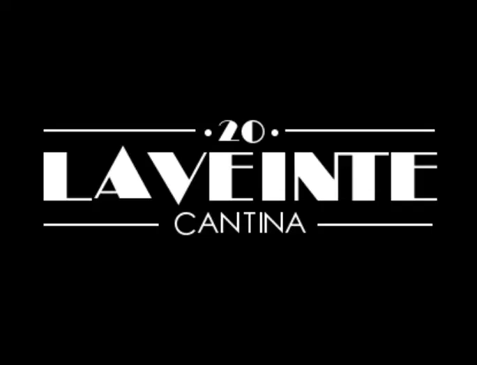 Black-and-white “20 Laveinte Cantina” logo on a black background