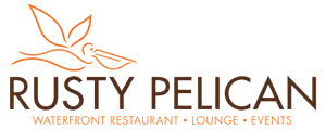 Rusty Pelican restaurant logo with orange pelican outline and brown text, waterfront restaurant lounge events