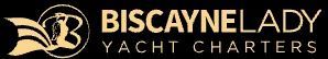 Biscayne Lady Yacht Charters logo in gold and white on a black background