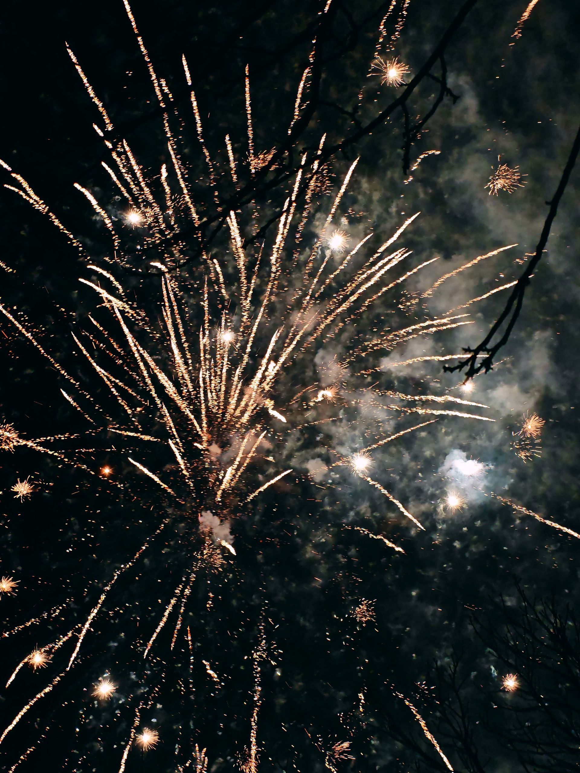 Golden fireworks bursting against a dark night sky with smoke and spark trails