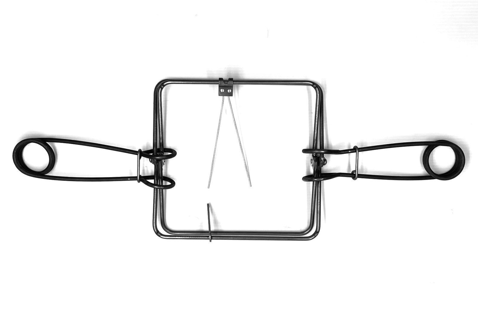 Metal square animal trap with springs and wire frame, on a white background.