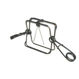 Steel square-shaped animal trap with a safety clip and holding chain.