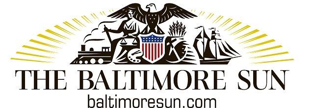 The Baltimore Sun logo featuring an eagle, a shield, a steam train, and a sailing ship above the newspaper's name.