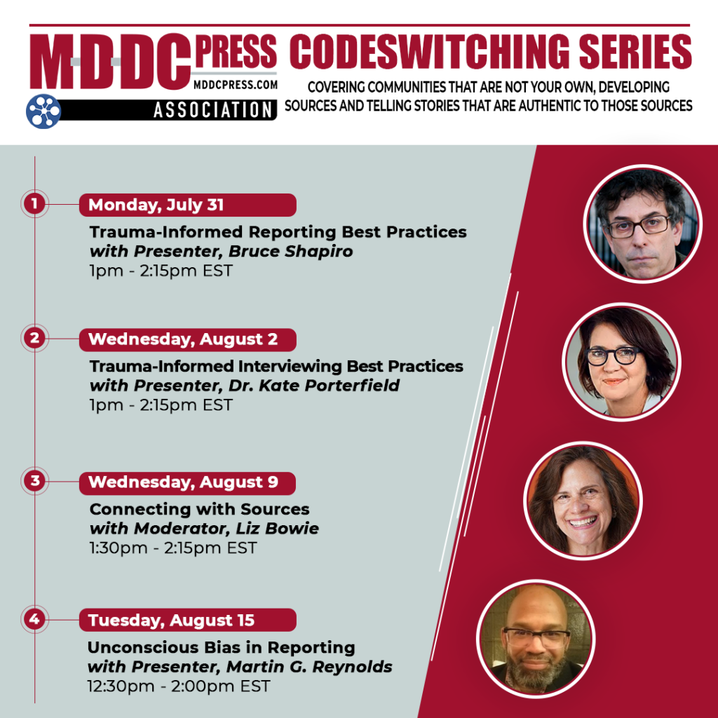 Event flyer for the MDDC Press Association's Codeswitching Series, listing four sessions on inclusive reporting.