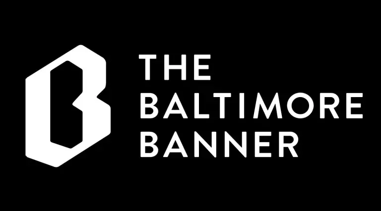 The Baltimore Banner logo, featuring a geometric white letter 'B' next to the company name in white on a black background.