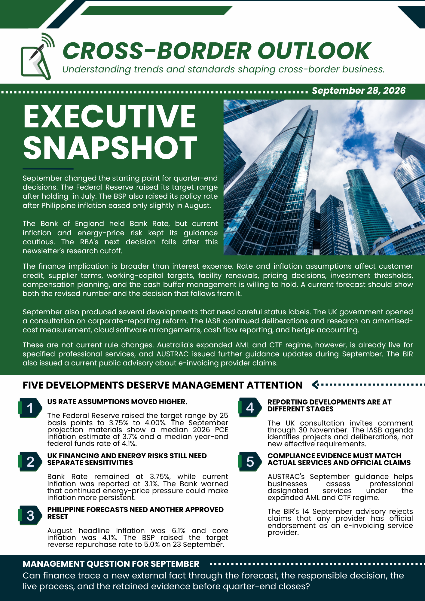 Green “Cross-Border Outlook” executive snapshot newsletter with skyscraper photo and August 2024 highlights sections