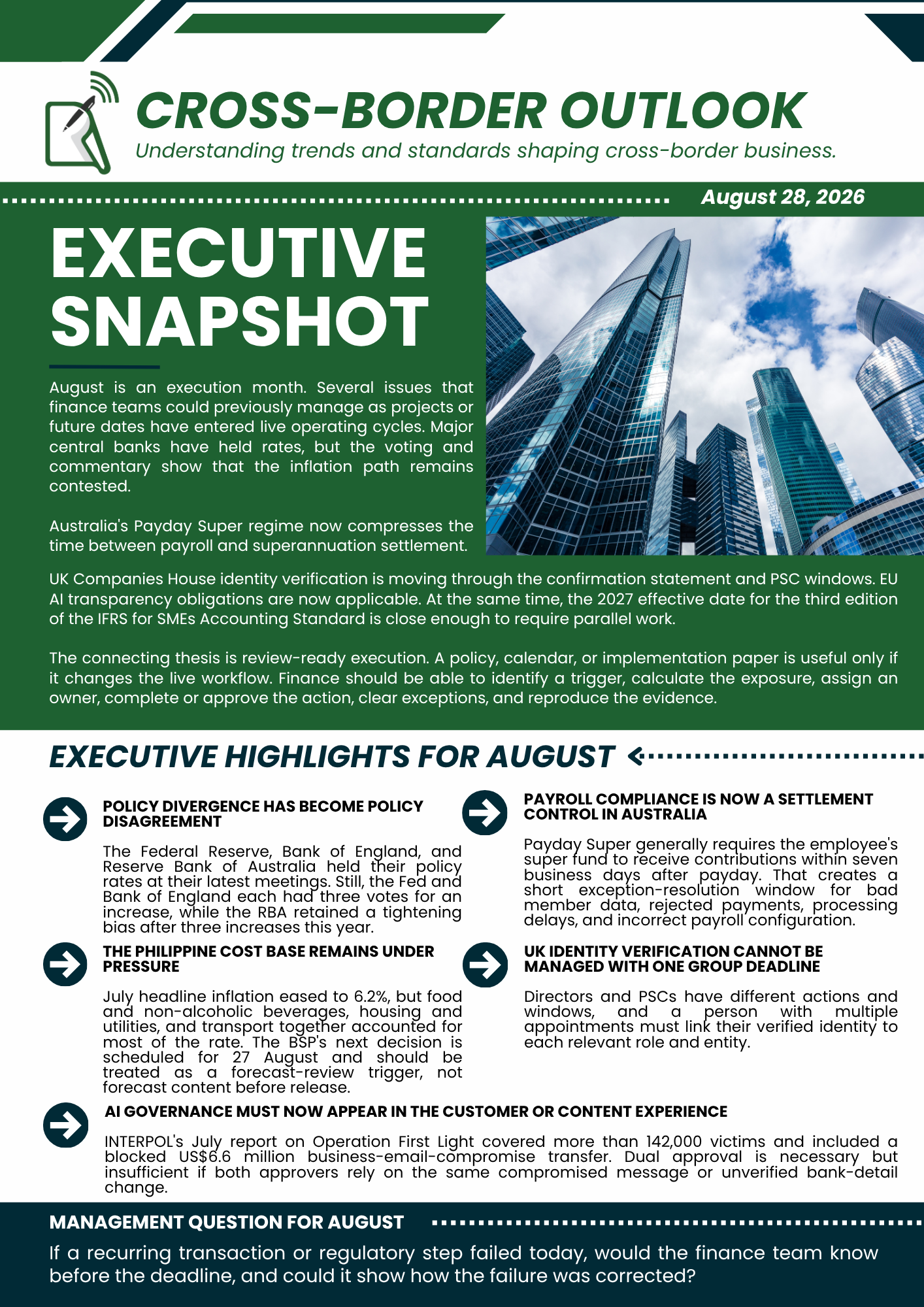 Green “Cross-Border Outlook” executive snapshot newsletter with skyscraper photo and August 2024 highlights sections