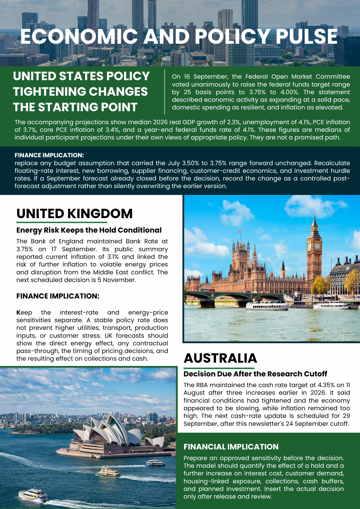 Infographic titled “Economic and Policy Pulse” with U.S., U.K., Australia and financial market updates.