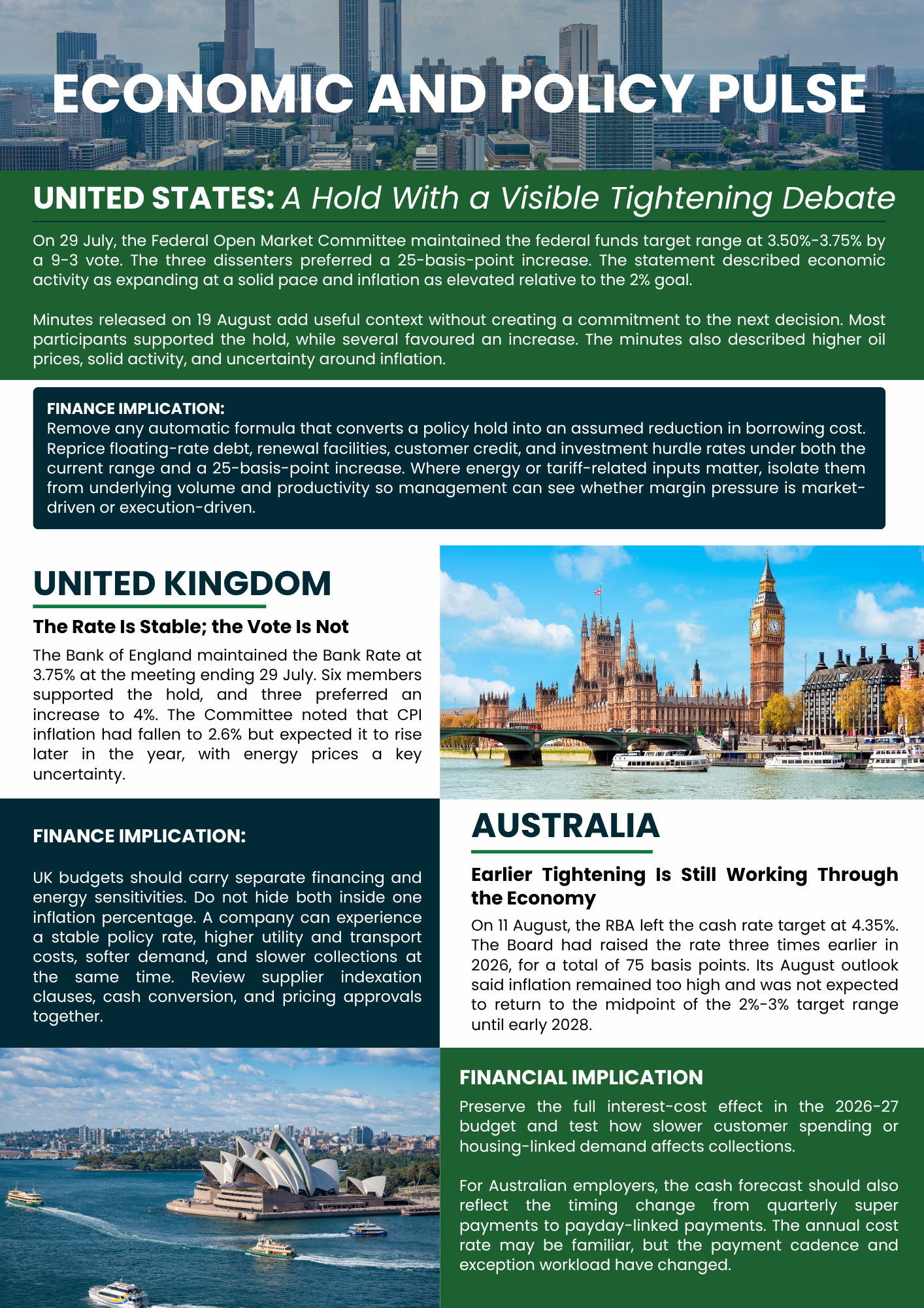 Infographic titled “Economic and Policy Pulse” with U.S., U.K., Australia and financial market updates.