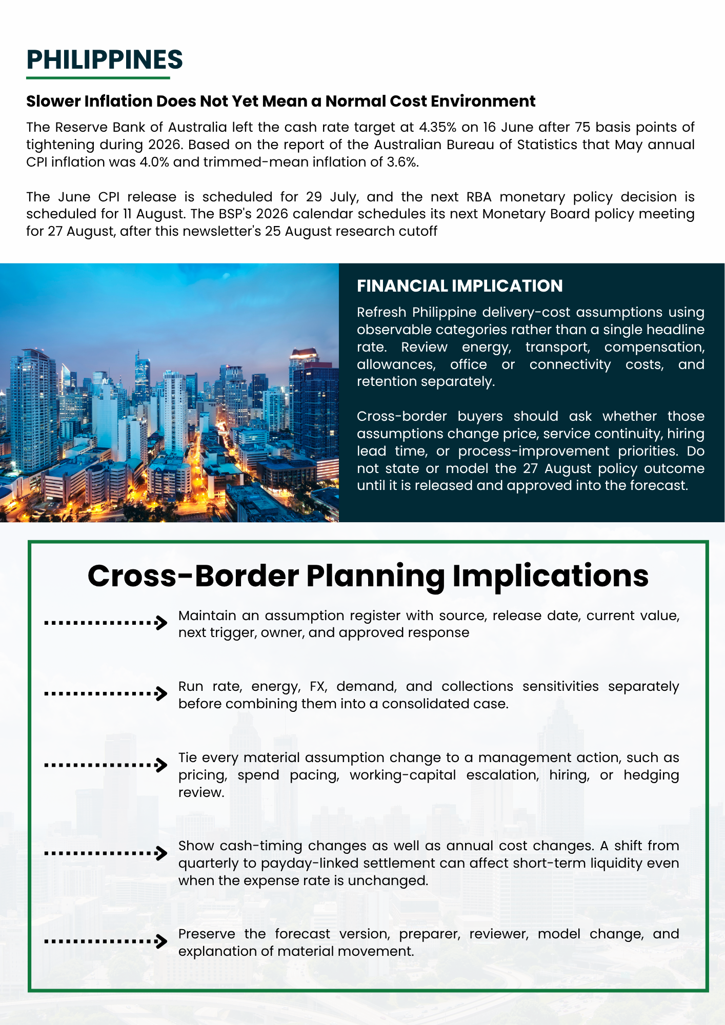Infographic on Philippines cross-border planning, with city skyline and