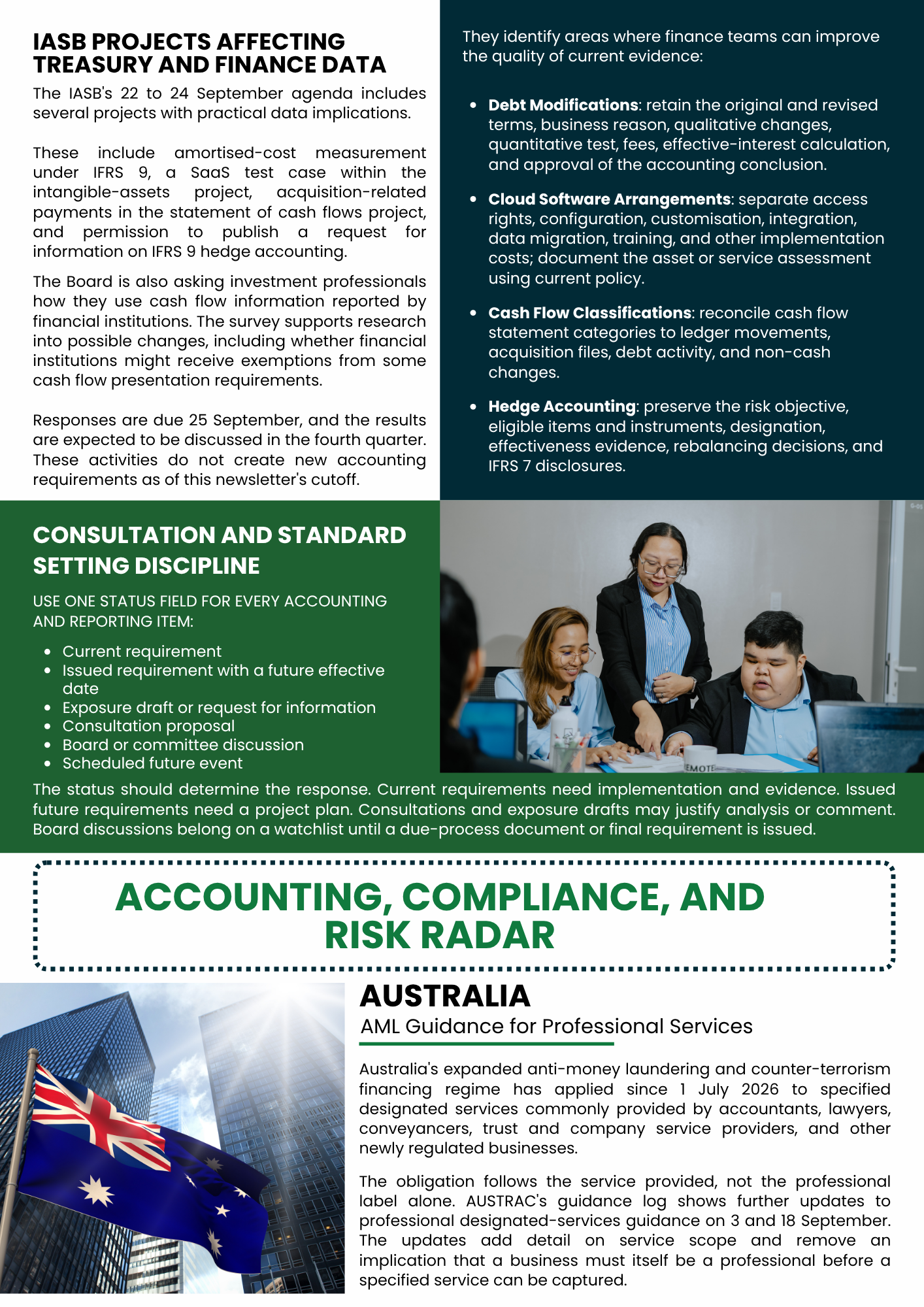 Accounting standards infographic with white and green text blocks and a small meeting photo