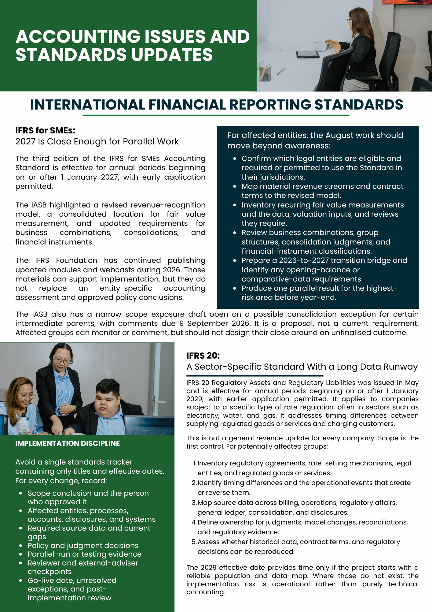 Accounting standards infographic with white and green text blocks and a small meeting photo