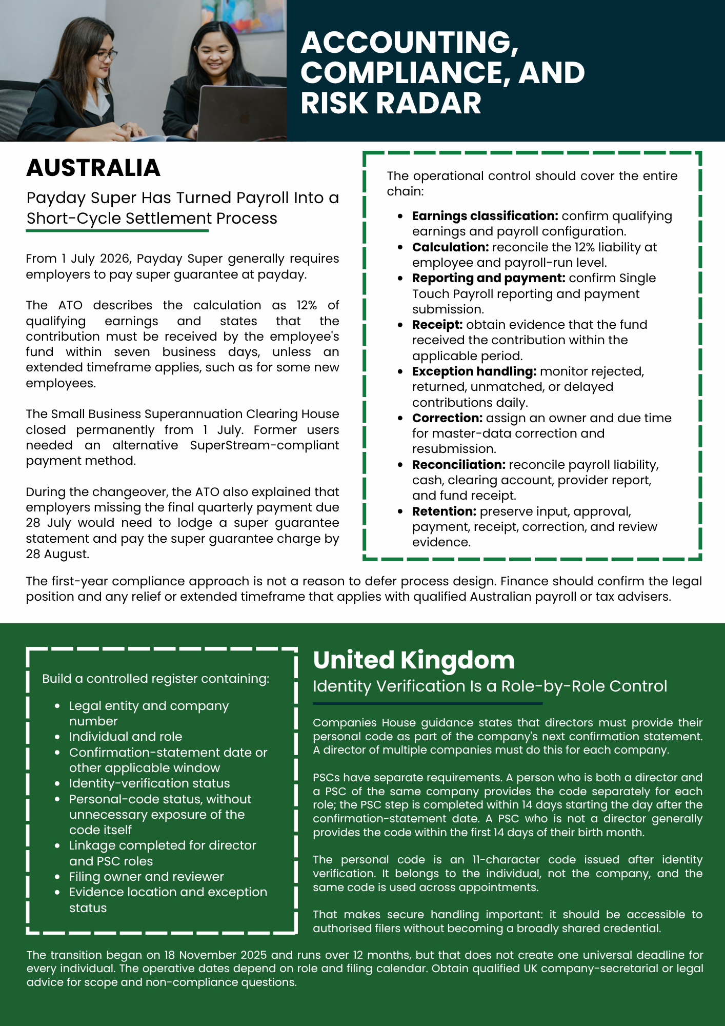 Infographic on accounting, compliance, and risk radar with Australia and United Kingdom sections in green and white