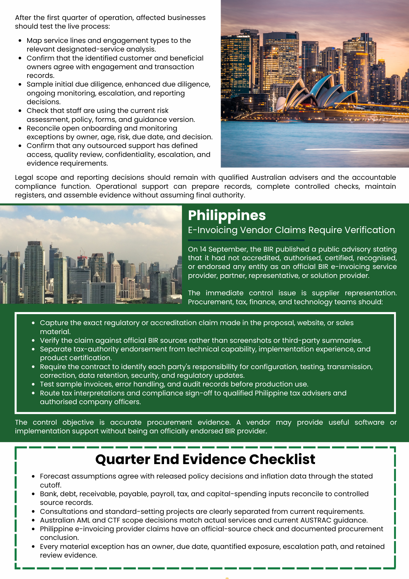Infographic on accounting, compliance, and risk radar with Australia and United Kingdom sections in green and white