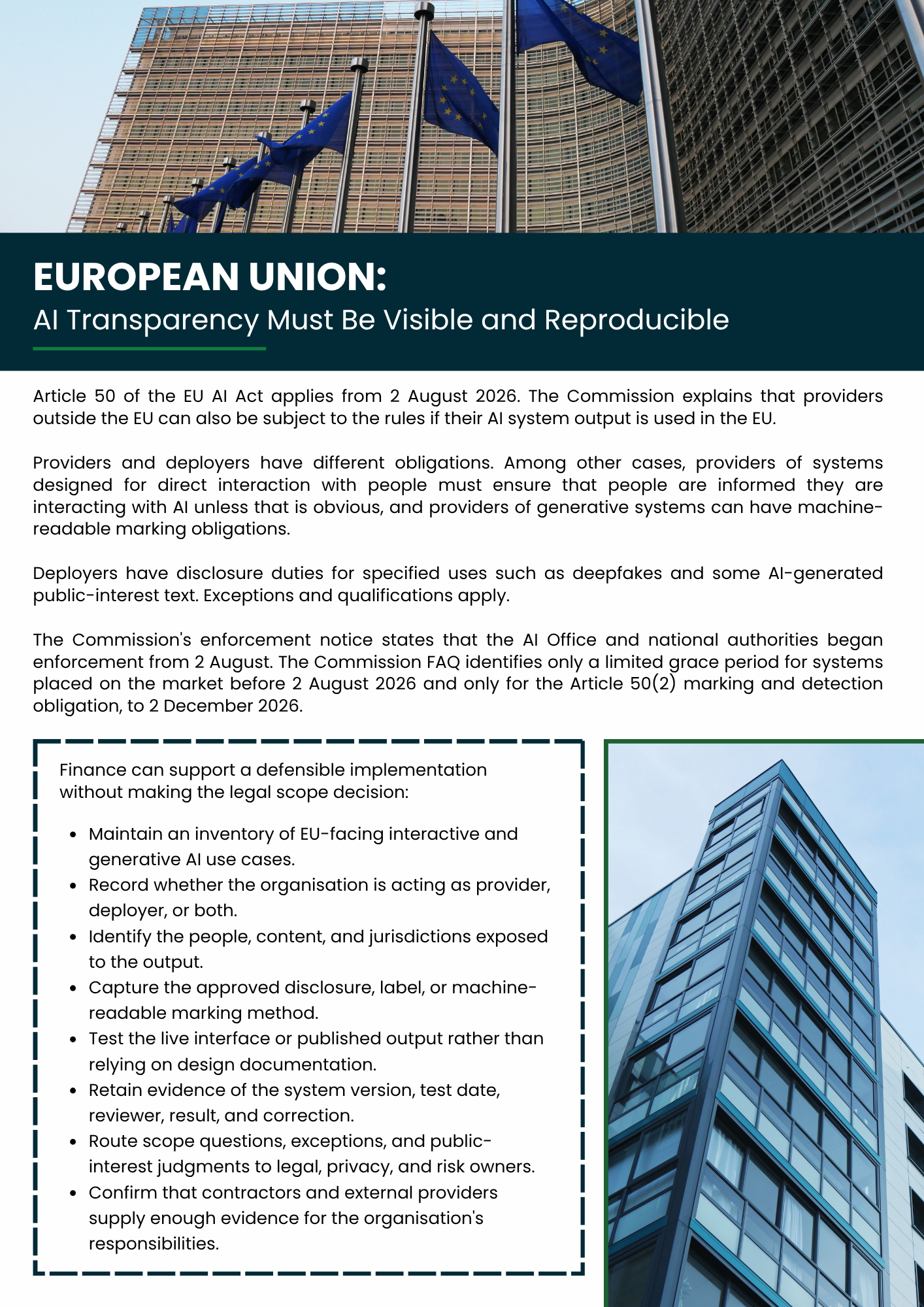 EU brochure page on a social contribution policy, with EU flags, office buildings, and a bullet list