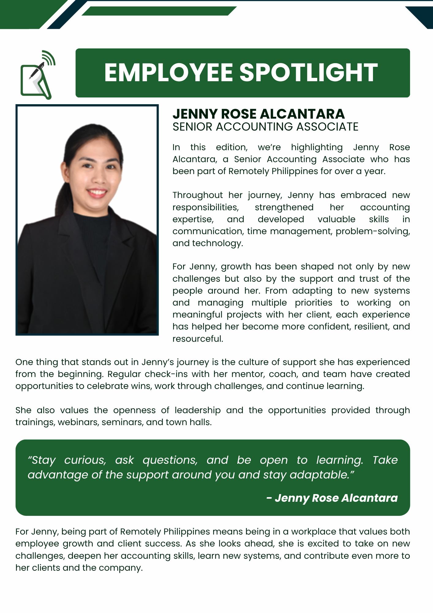 Green-and-white “Operating-Model Spotlight” poster with a woman’s photo and text-heavy sections.
