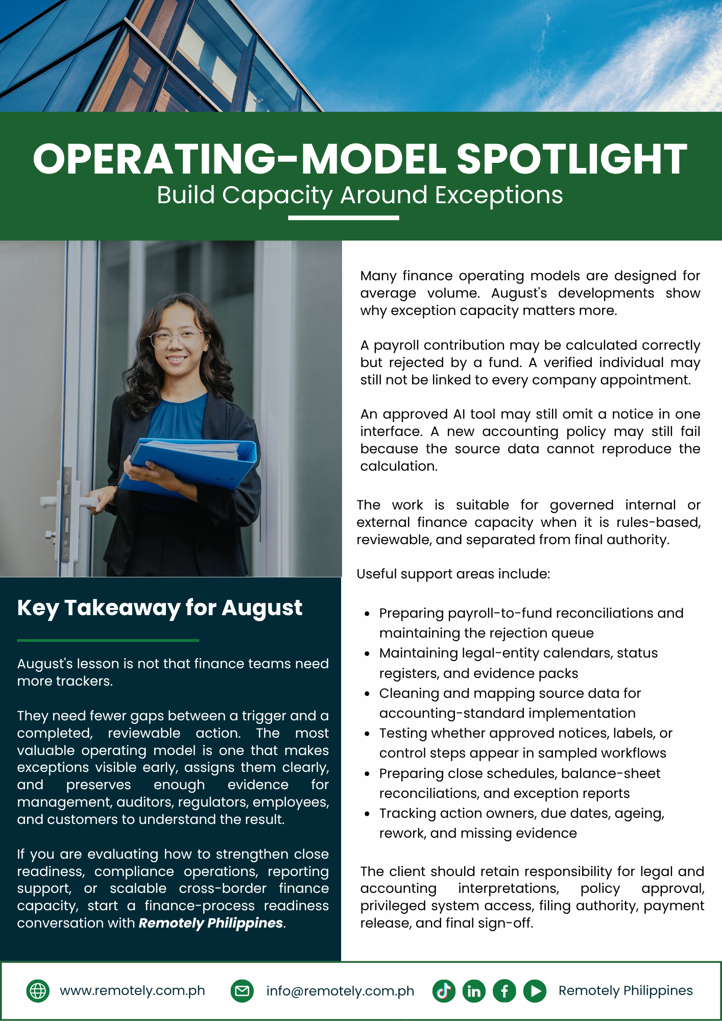 Green-and-white “Operating-Model Spotlight” poster with a woman’s photo and text-heavy sections.