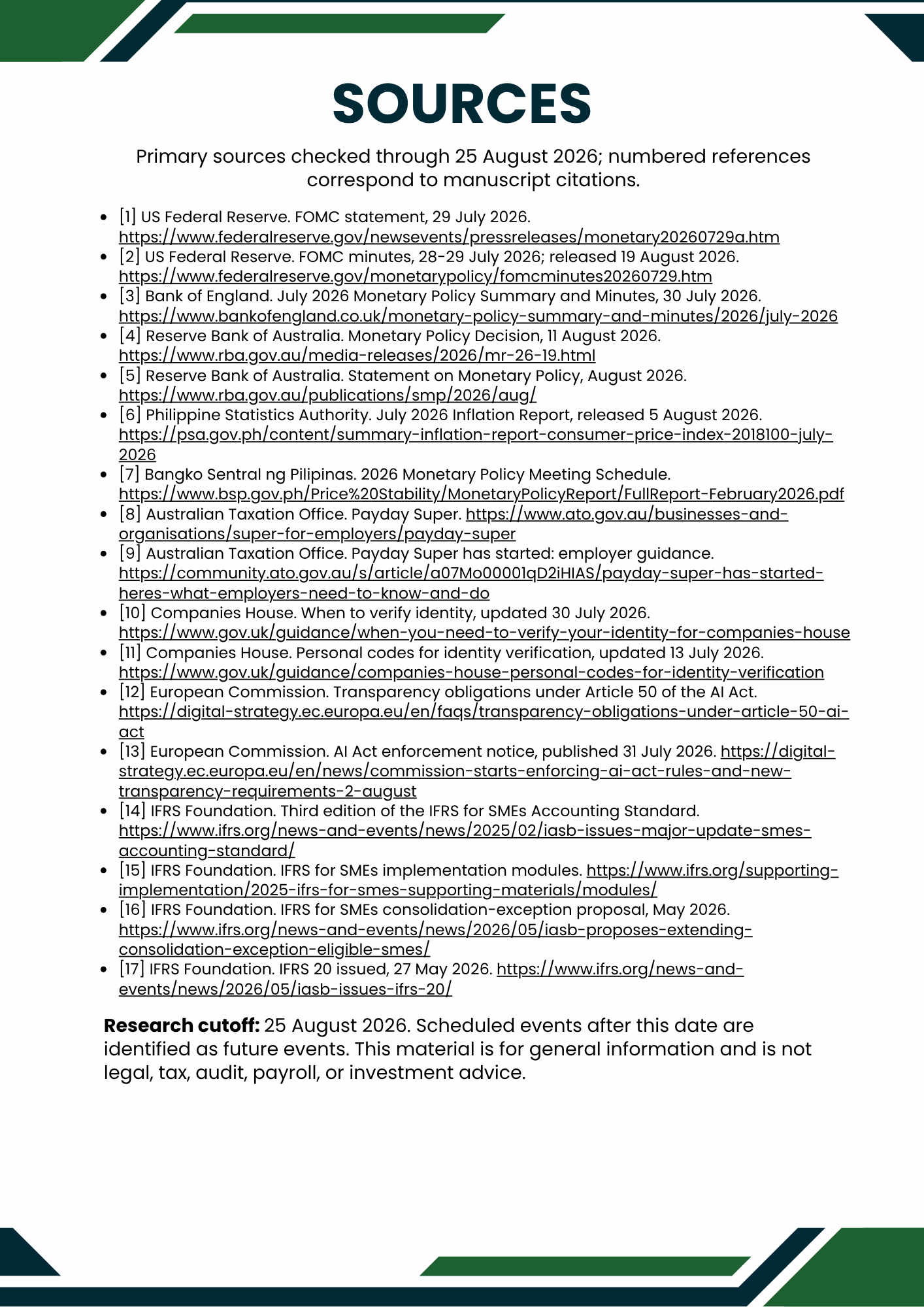 Sources slide with a long bulleted reference list on a white background with teal corner accents