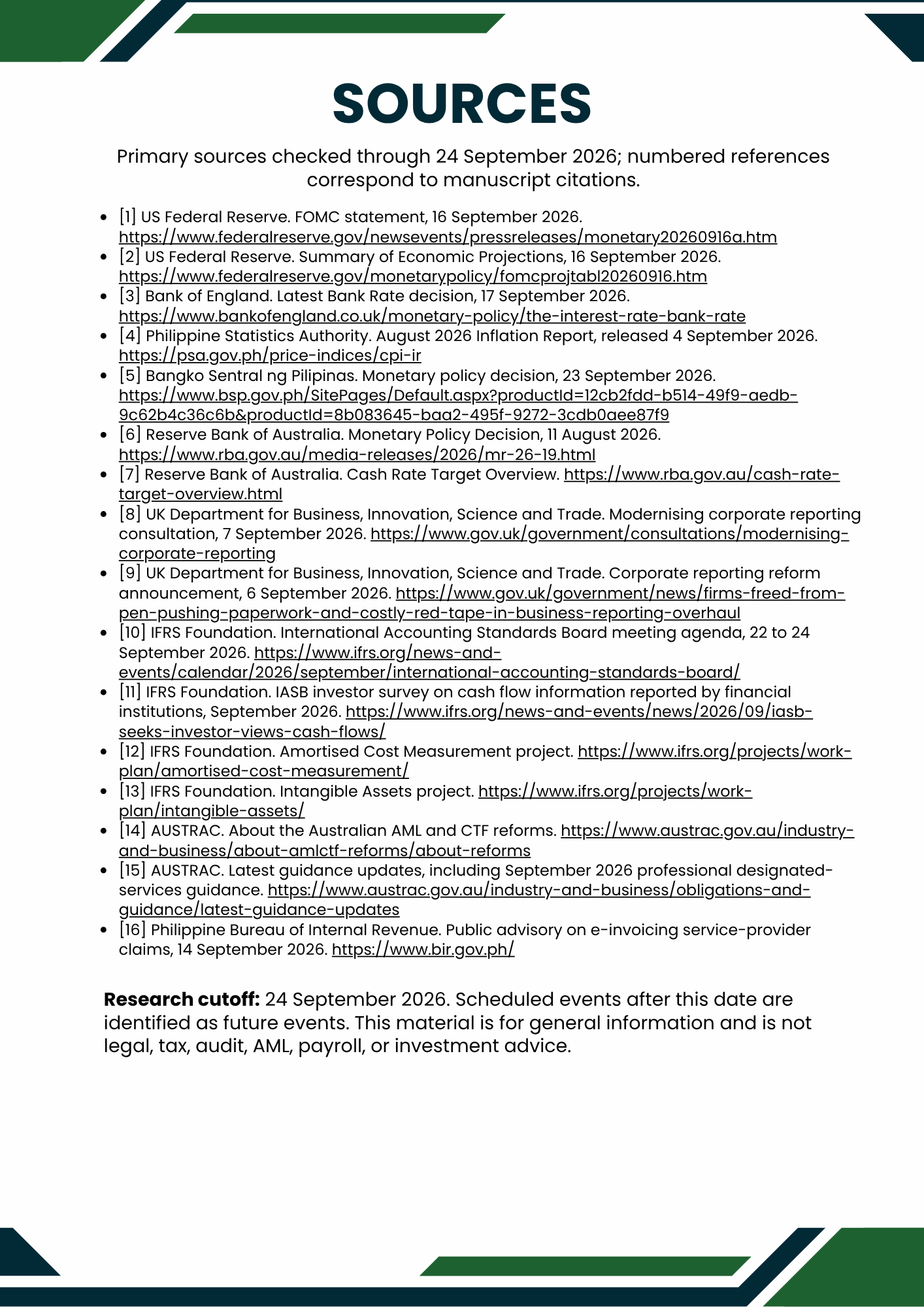 Sources slide with a long bulleted reference list on a white background with teal corner accents