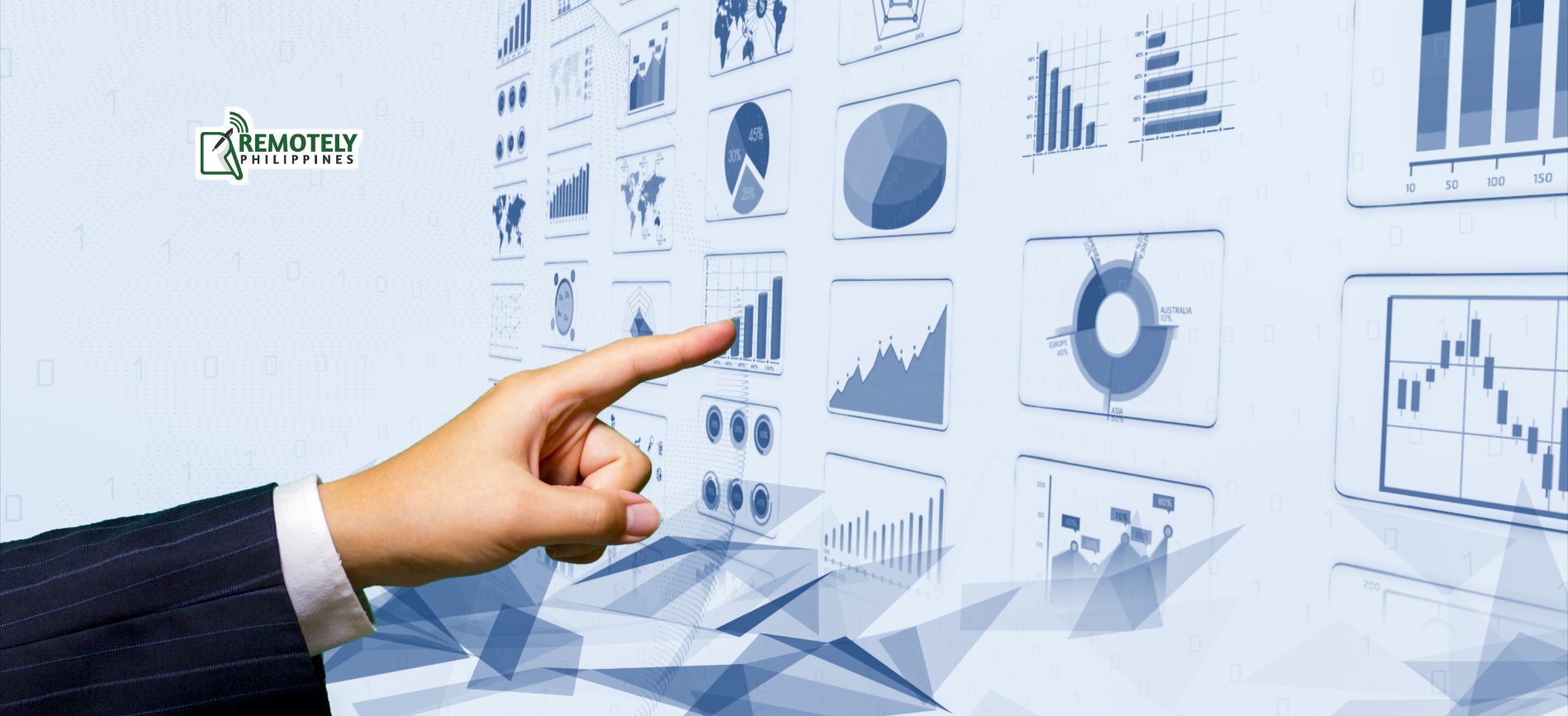 Hand in suit pointing at analytics dashboard with charts and graphs