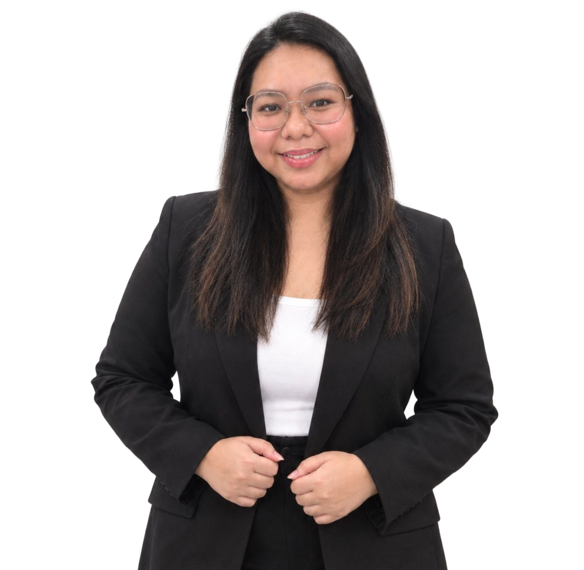 Professional portrait of a woman in a black suit and white blouse, standing against a white background.
