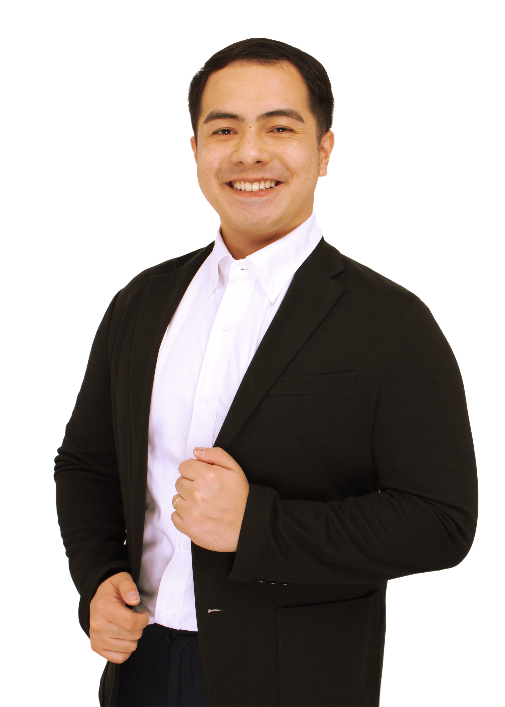 Smiling man in a black blazer and white shirt, holding his jacket open.