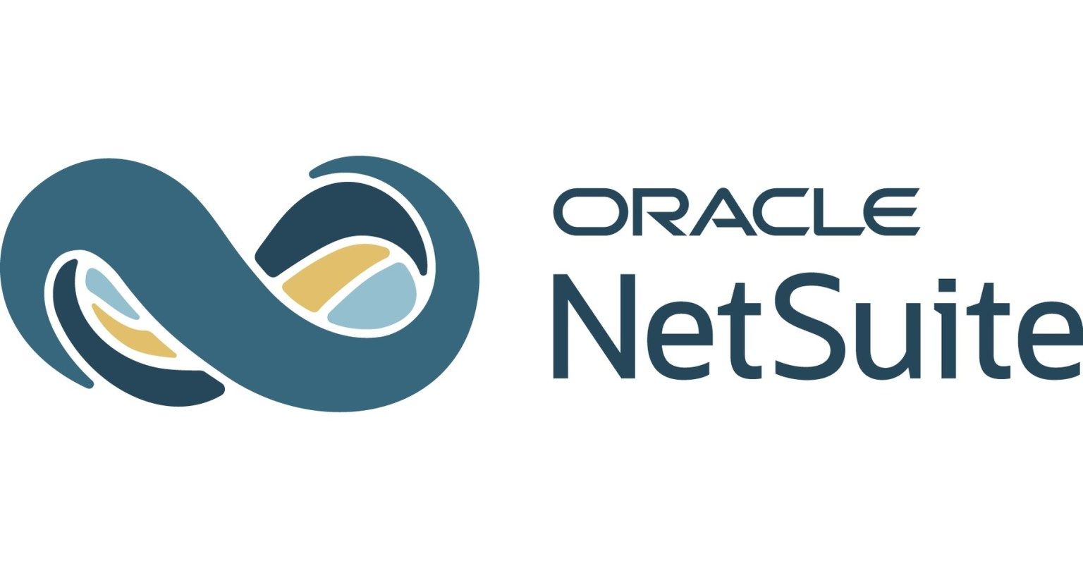 Oracle NetSuite logo: an infinity symbol in teal and gold, with the name in dark blue text.