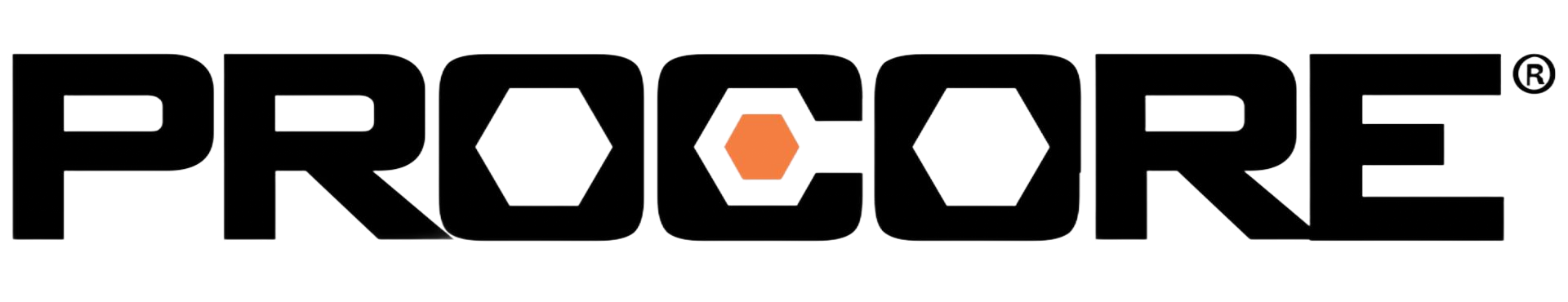 Procore logo with black text and a solid orange hexagon inside the letter O.