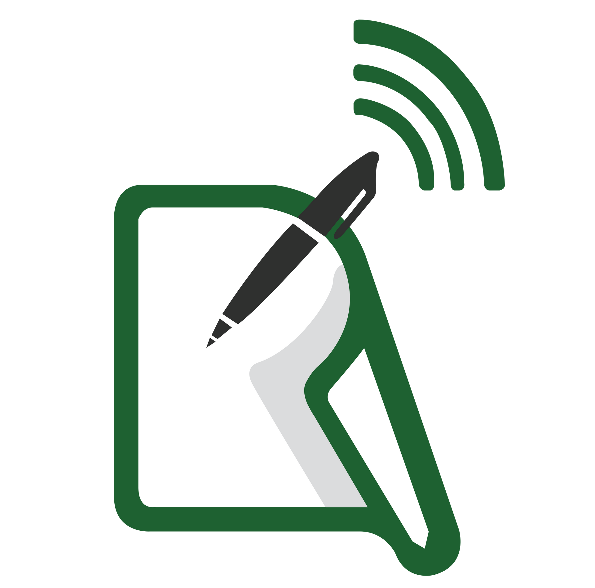 Green outline icon of a pen on paper with wireless signal waves above it