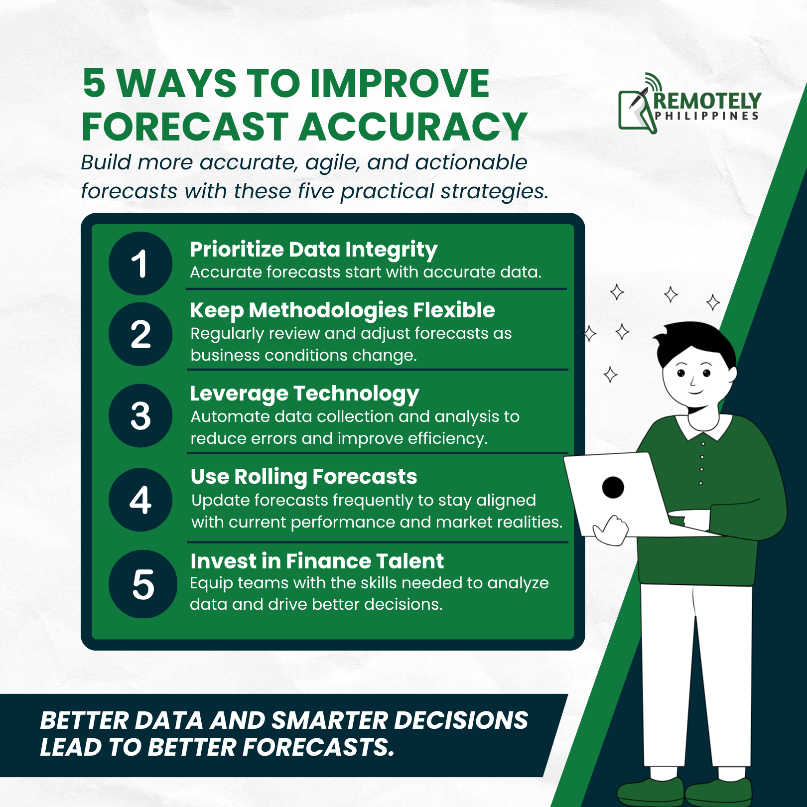 Green infographic with five ways to improve forecast accuracy and a person using a laptop.