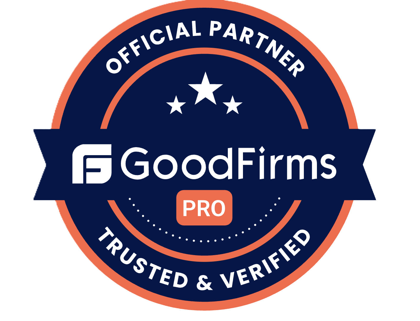 GoodFirms Official Partner badge with dark blue and orange colors, the GoodFirms logo, stars, and