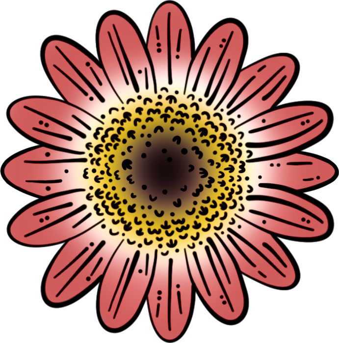 A drawing of a sunflower flower with red petals