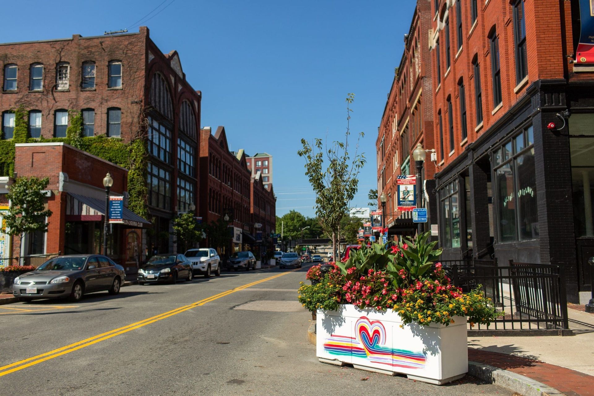 Street scene with brick buildings, cars parked on the side, flower box in the foreground. Bright sunny day.