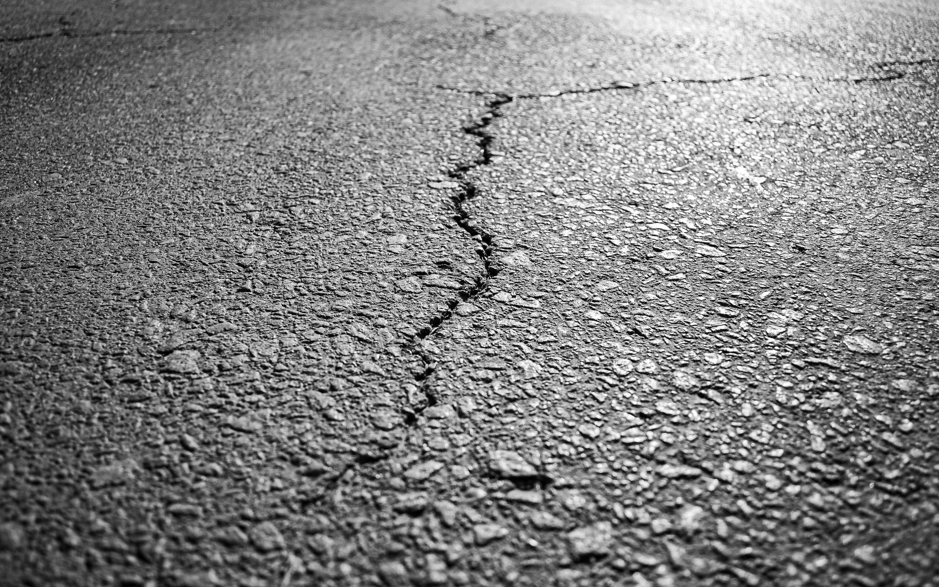 Cracked asphalt pavement with a jagged line running down the center