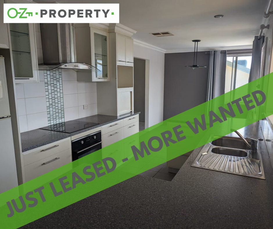 A kitchen with a green banner that says just leased more wanted