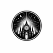 Een cirkelvormige zwart-witafbeelding van een gotische kathedraal onder een sterrenhemel met uitstralende lichtstralen.
