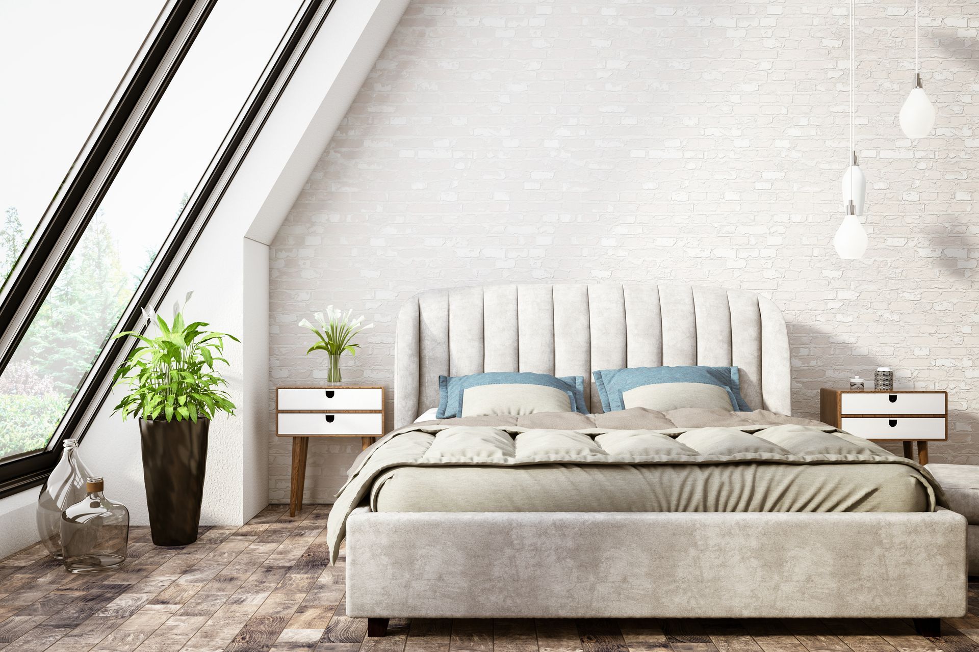 Camera da letto minimalista con letto imbottito beige, parete in mattoni bianchi e lucernari inclinati.