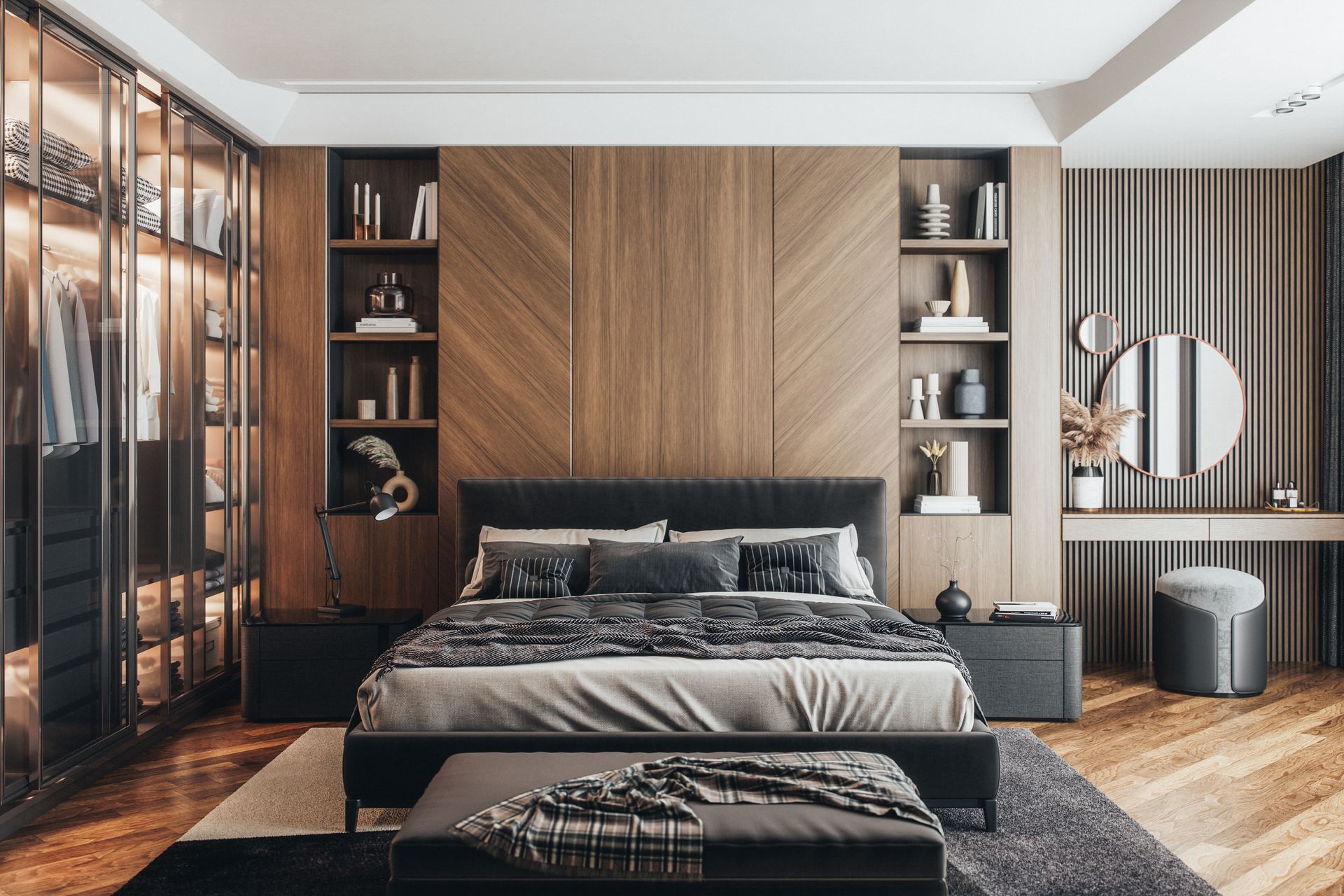 Camera da letto moderna con letto scuro, parete con inserti in legno, mensole a muro e ampie finestre con tende.