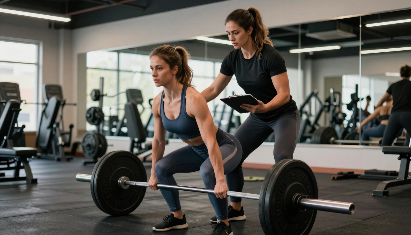 Personal trainer begeleidt een vrouw bij krachttraining