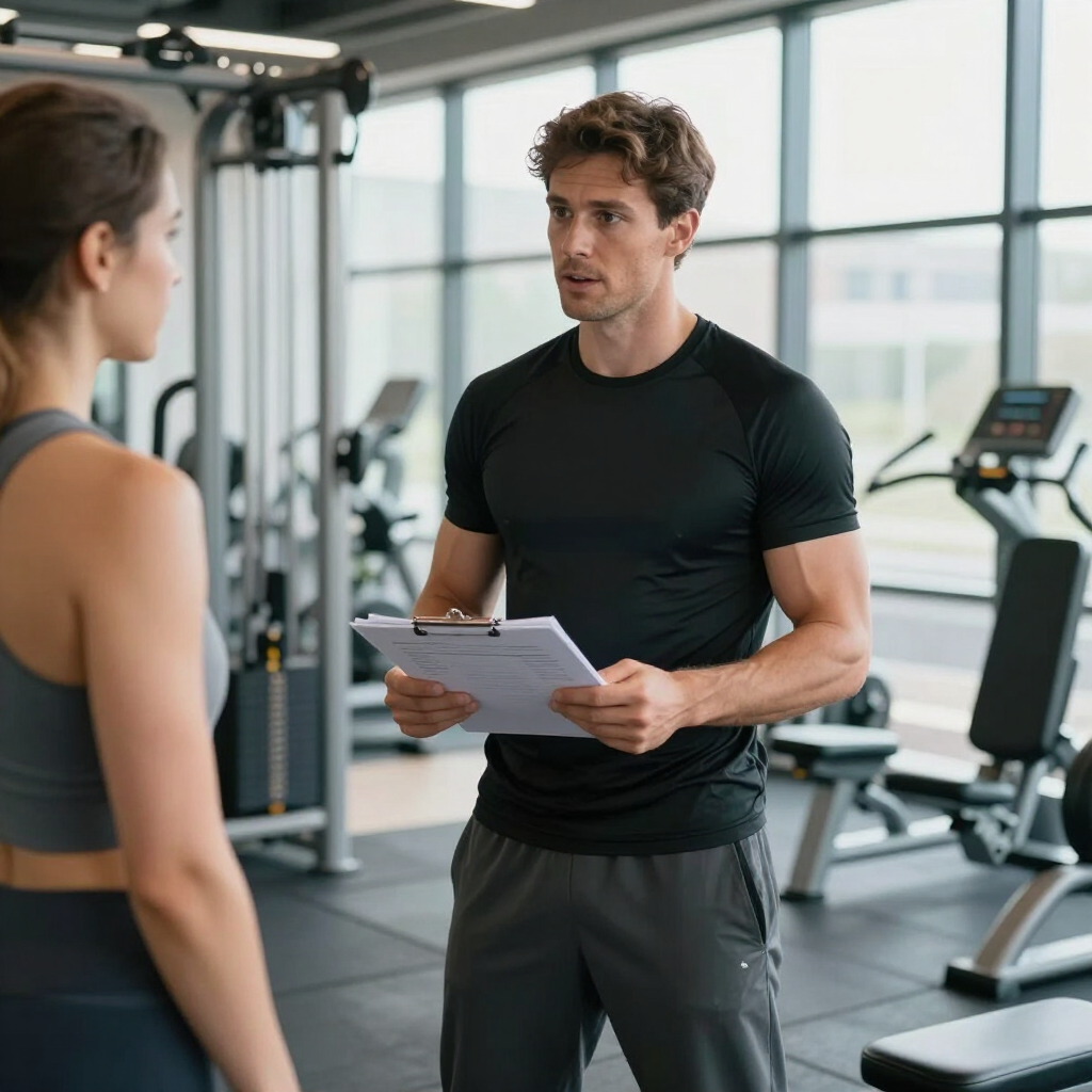Een personal trainer die een intakegesprek voert met een cliënt in een moderne sportschool.